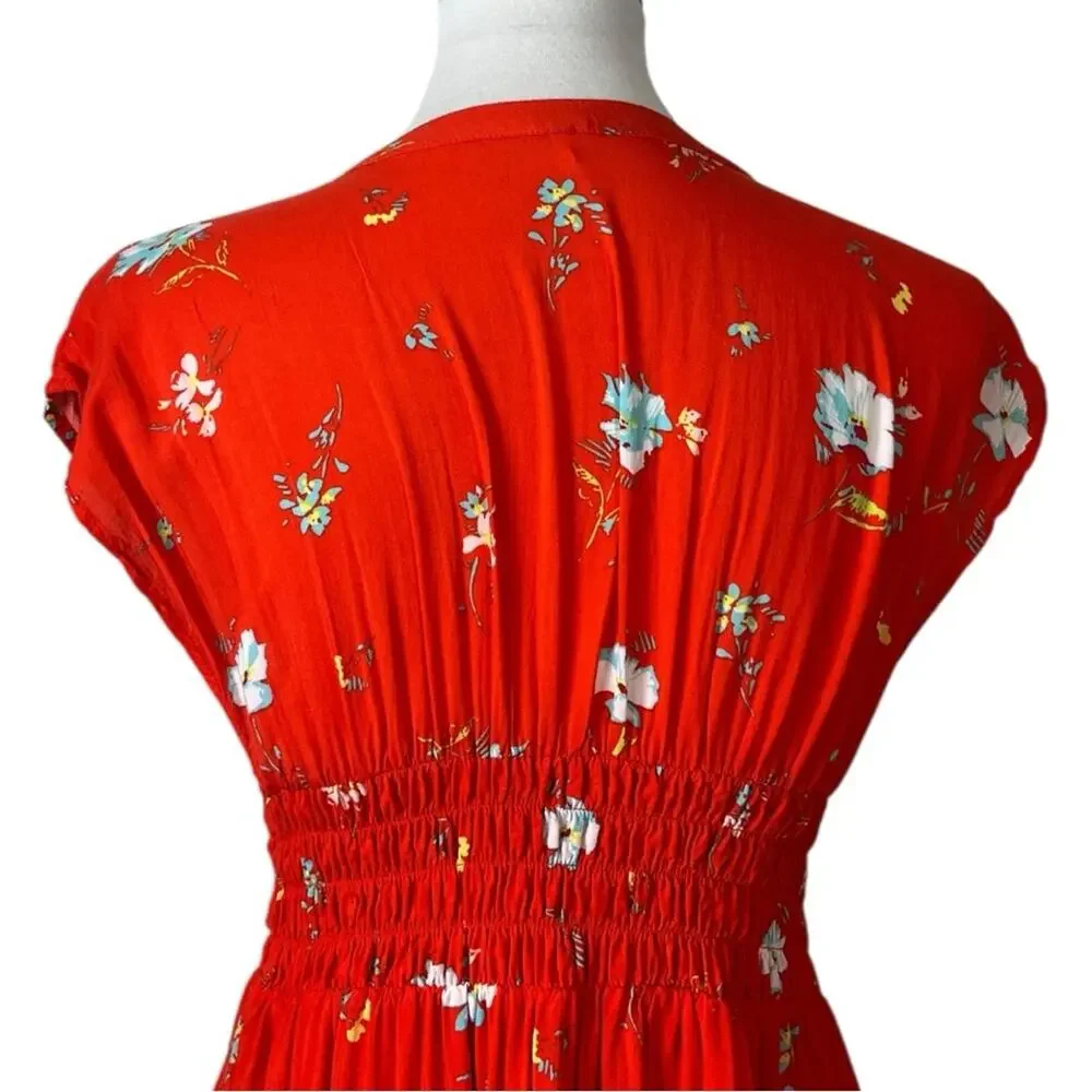 Free People Dress Smocked Waist Button Front Red Floral Women’s Size Medium